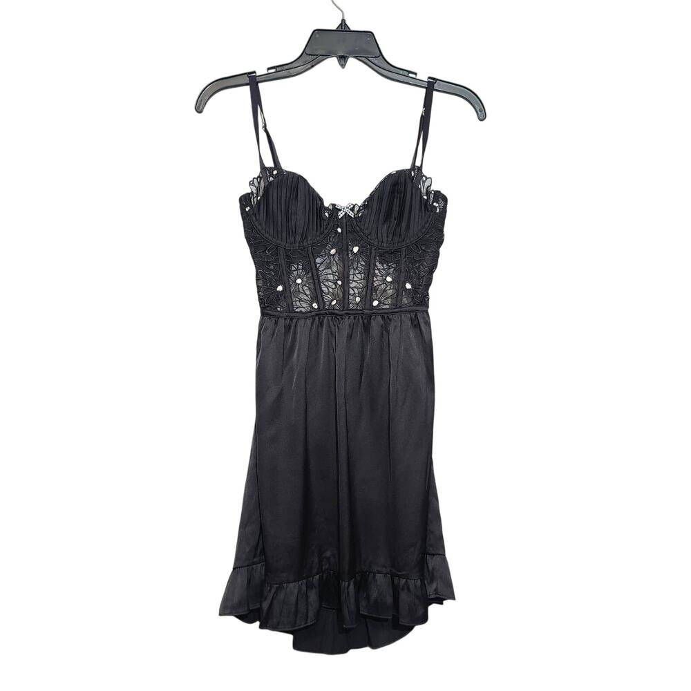 For Love & Lemons Embroidered Tulle Mini Dress Small Black NWT Scalloped Lace